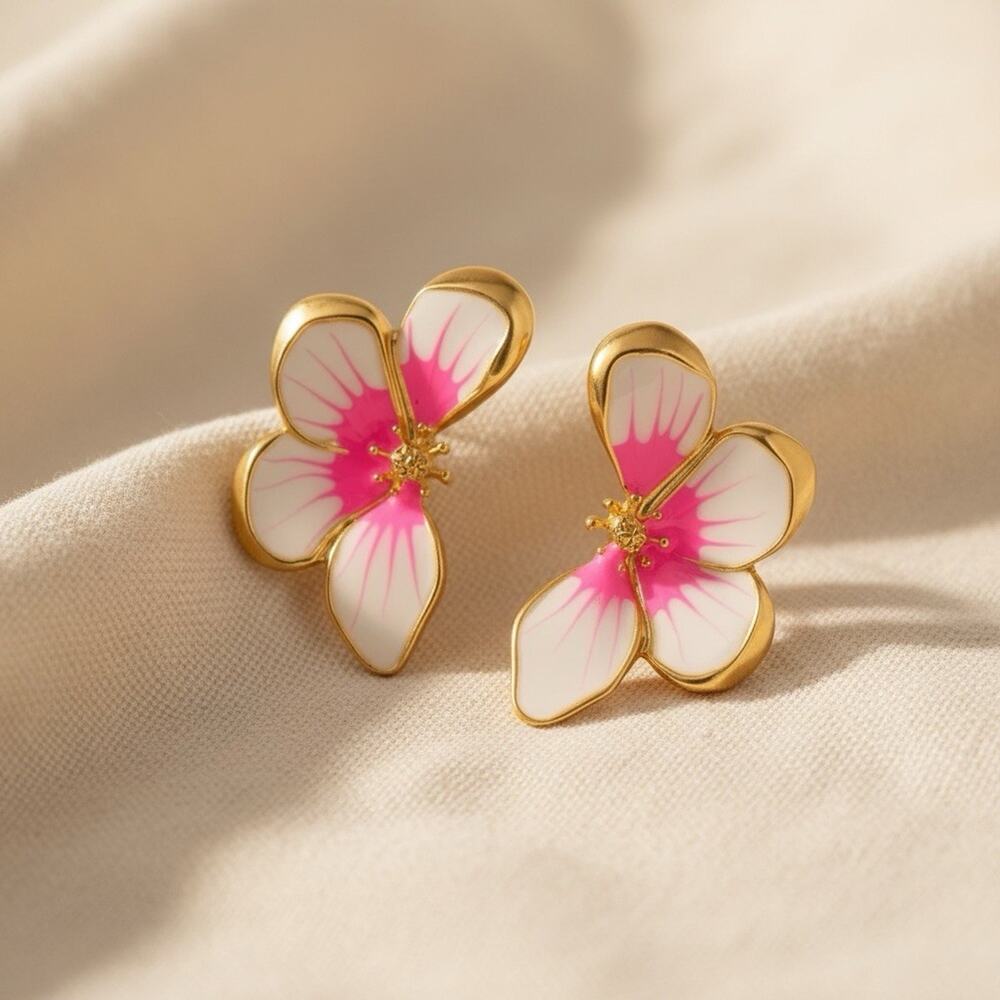 Zara Flower Earrings Gold Retro Half Petal Fan Pink Stud Gradient White Boho VTG